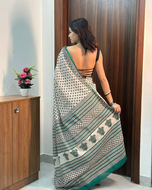 1 MIN READY TO WEAR OFF WHITE MUL COTTON DIGITAL PRINTED SAREE WITH POCKET
