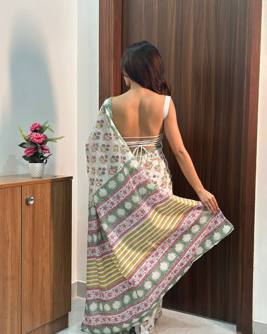 1 MIN READY TO WEAR OFF WHITE MUL COTTON DIGITAL PRINTED SAREE WITH POCKET