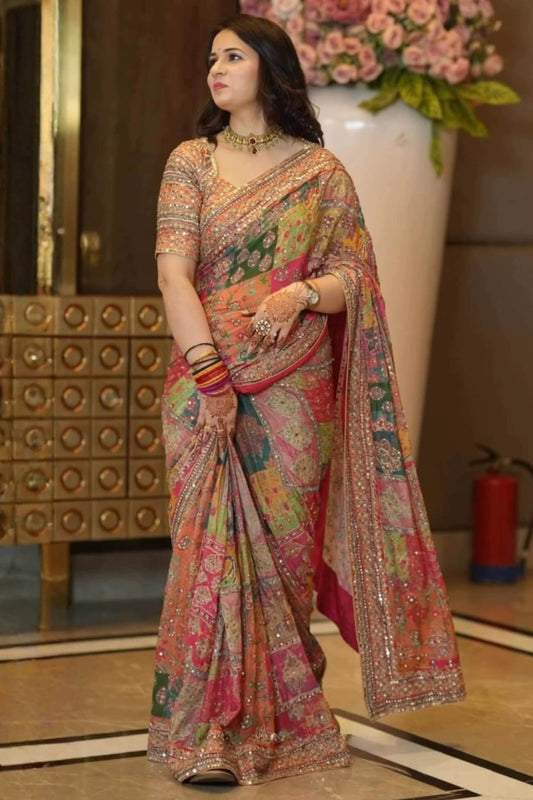 MULTICOLOR CHINON SILK PRINTED MIRROR WORK SAREE