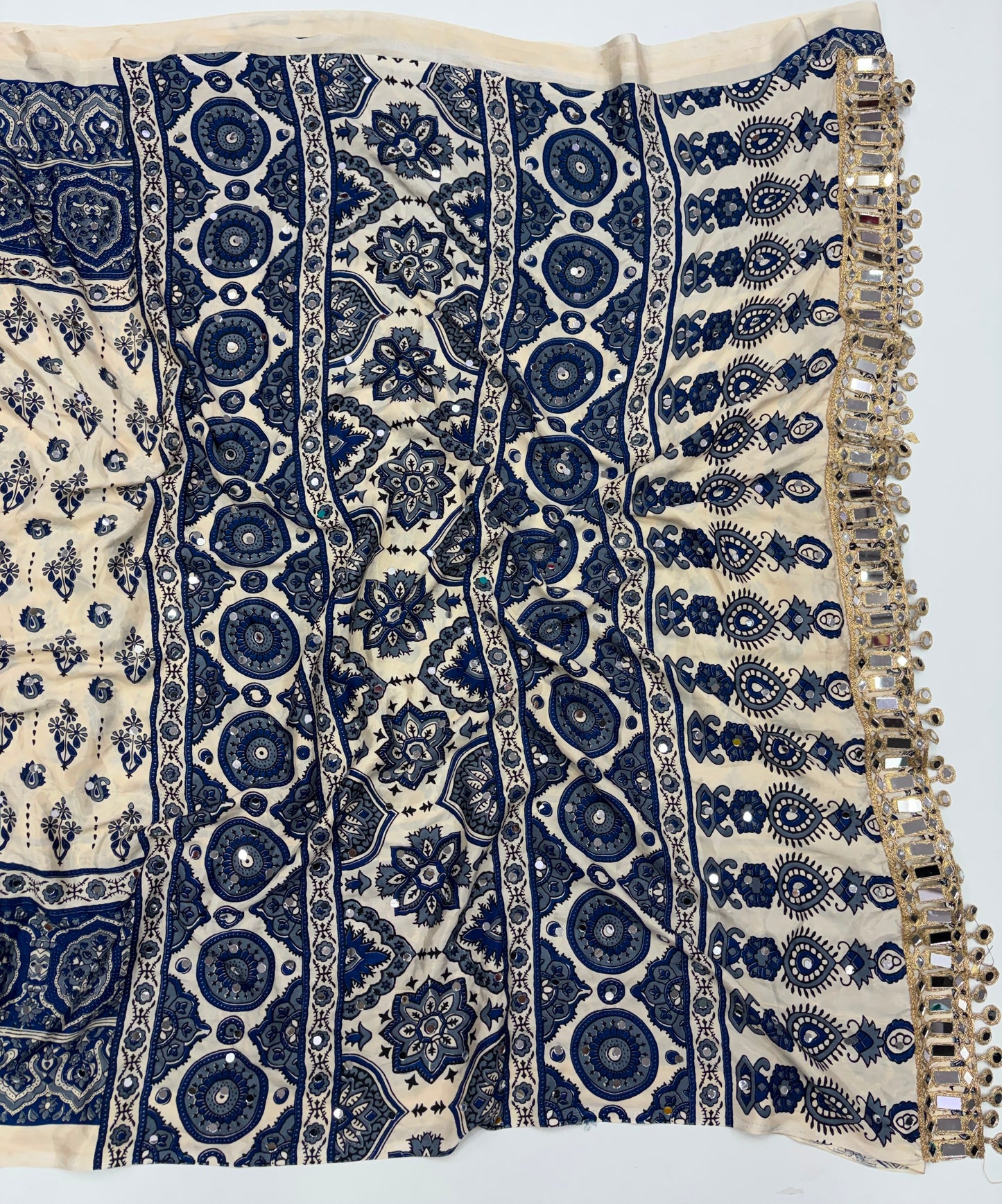 SOFT GAJJI SATTIN AJRAKH PRINTED MIRROR WORK CELEBRITY INSPIRED SAREE