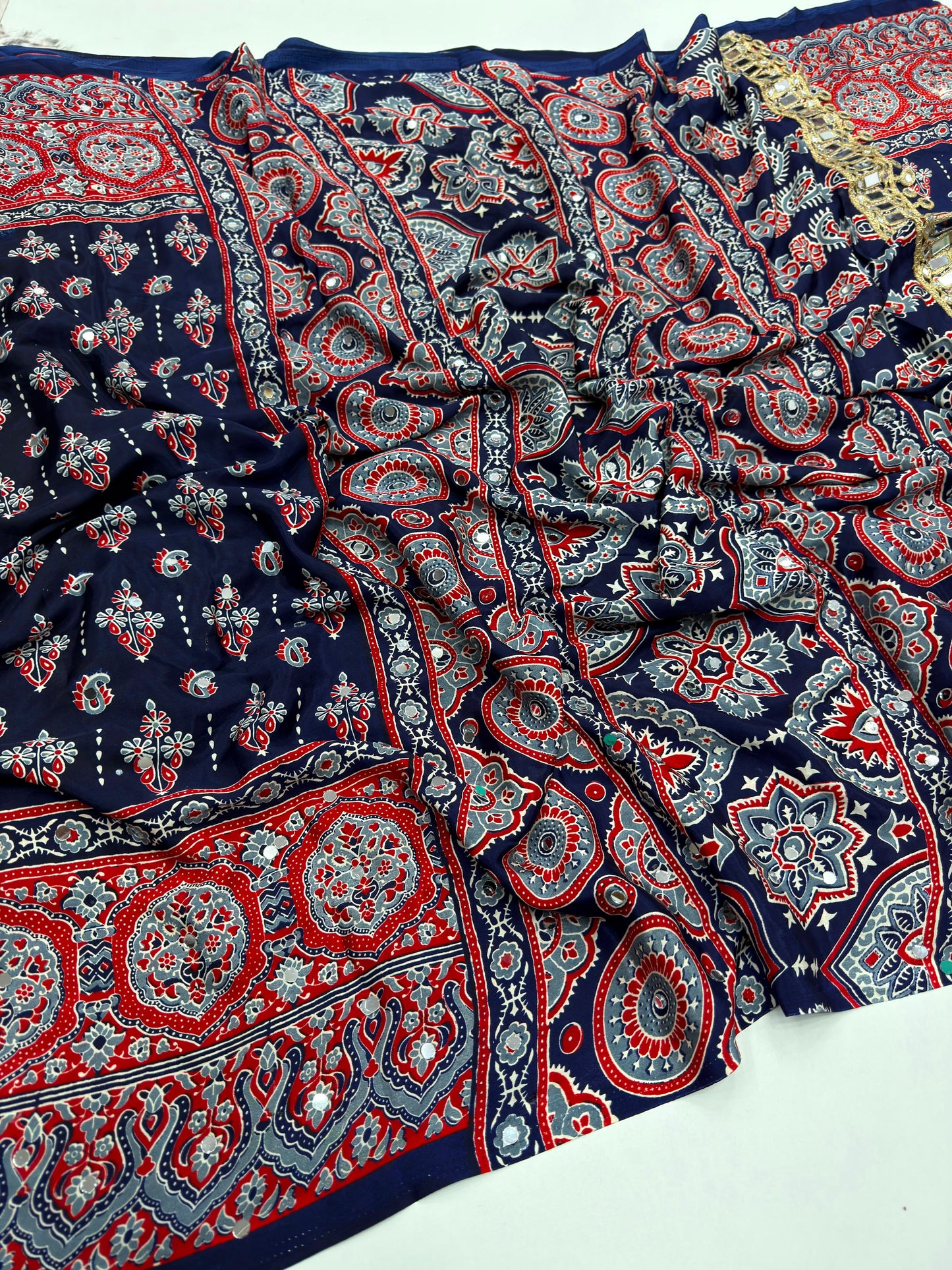 SOFT GAJJI SATTIN AJRAKH PRINTED MIRROR WORK CELEBRITY INSPIRED SAREE