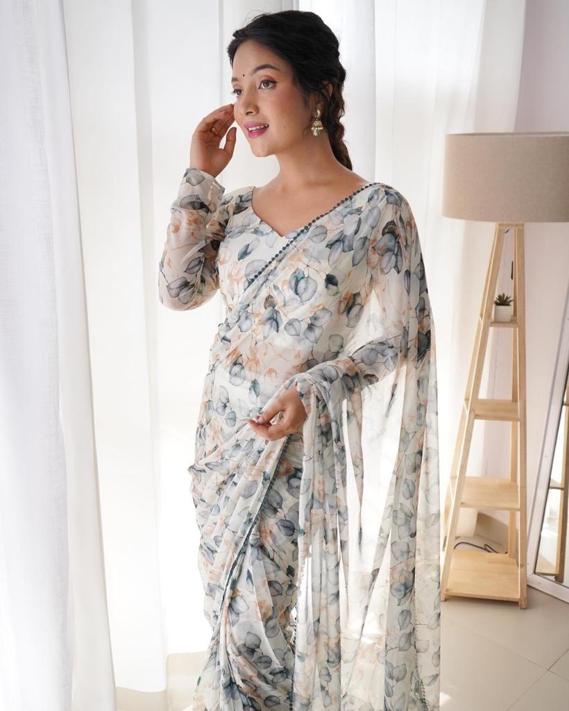 1-MIN READY TO WEAR SAREE LIGHT GREY COLOUR BEAUTIFULL SOFT TABI SILK WITH DIGITAL PRINT