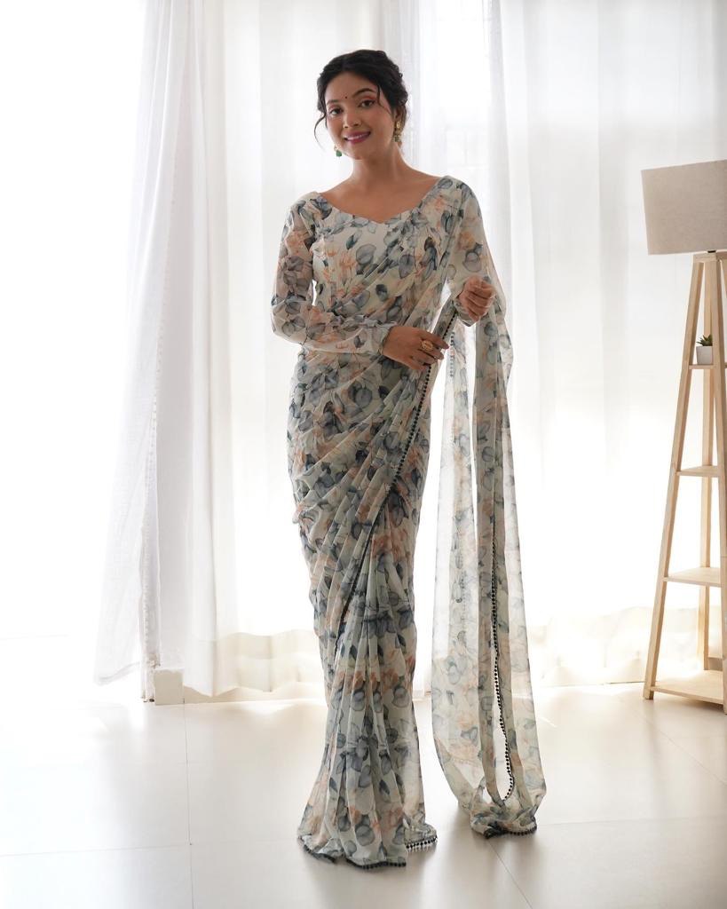 1-MIN READY TO WEAR SAREE LIGHT GREY COLOUR BEAUTIFULL SOFT TABI SILK WITH DIGITAL PRINT