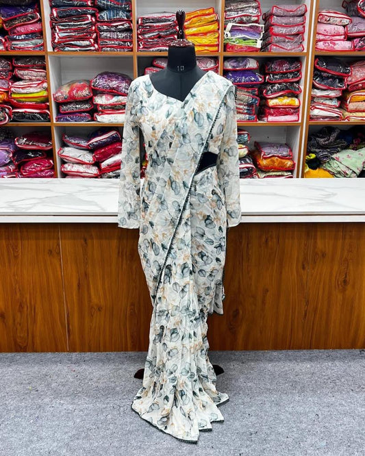 1-MIN READY TO WEAR SAREE LIGHT GREY COLOUR BEAUTIFULL SOFT TABI SILK WITH DIGITAL PRINT