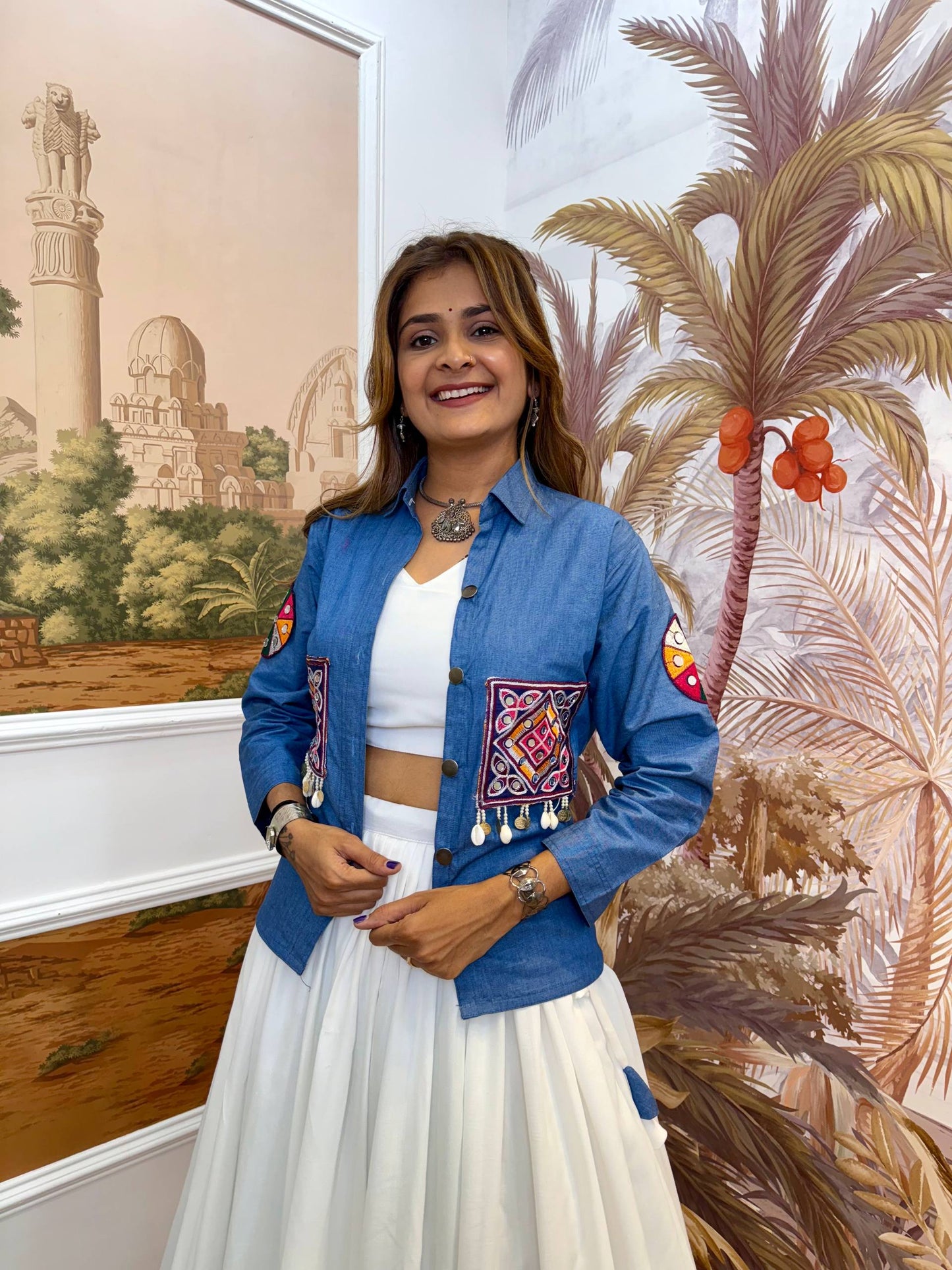 DENIM KOTI, LEHENGA & BLOUSE WITH EMBROIDERY WORK AND KODI LACE