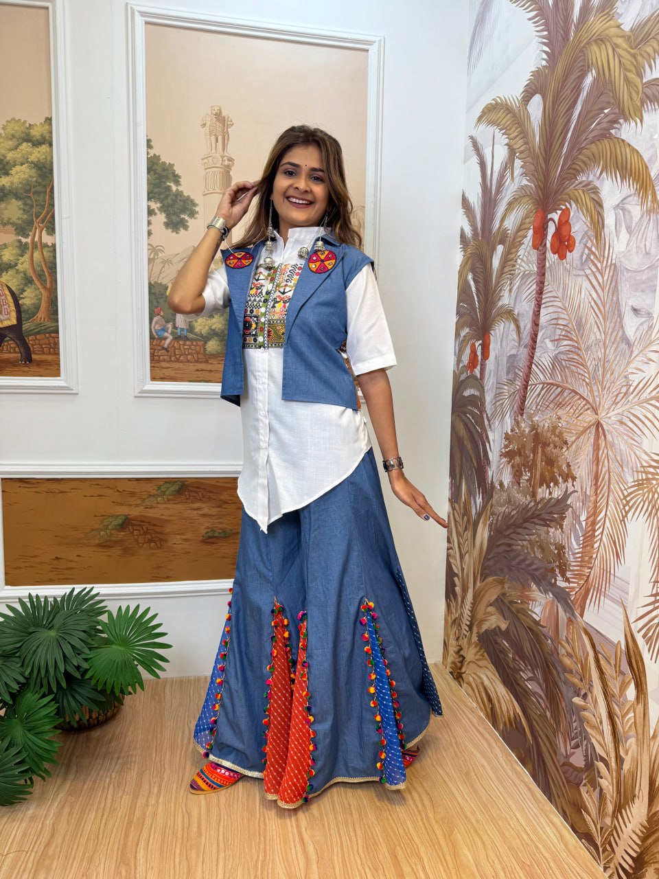 DENIM JEANS PLAZZO, KOTI & SHIRT WITH EMBROIDERY WORK AND KODI LACE
