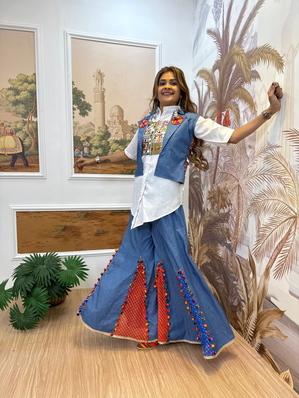 DENIM JEANS PLAZZO, KOTI & SHIRT WITH EMBROIDERY WORK AND KODI LACE