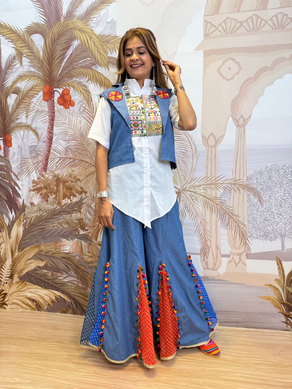 DENIM JEANS PLAZZO, KOTI & SHIRT WITH EMBROIDERY WORK AND KODI LACE