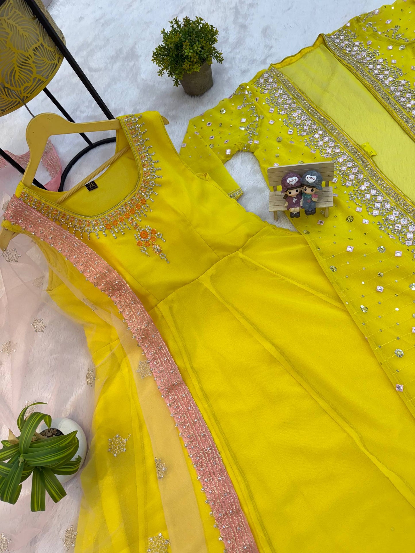 GOWN, KOTI & DUPATTA SET WITH EMBROIDERY WORK & CRYSTAL STONE WORK