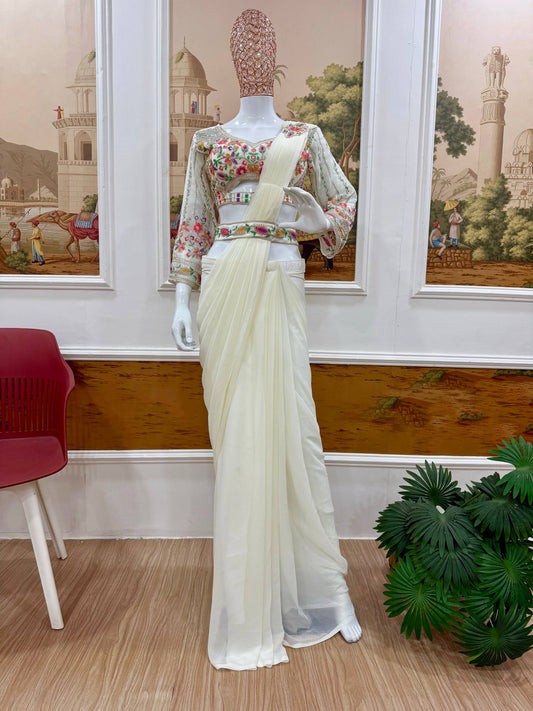 READY TO WEAR SAREE WITH HAND WORK & EMBROIDERED STYLIST BLOUSE