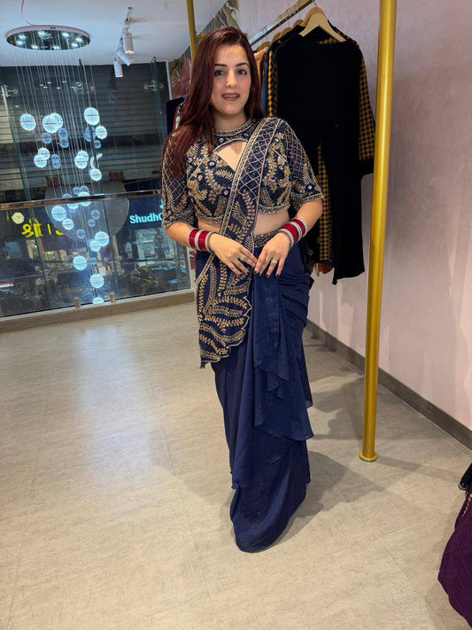 TRENDING READY TO WEAR SAREE WITH SEMI-BEADS & EMBROIDERED STYLIST BLOUSE