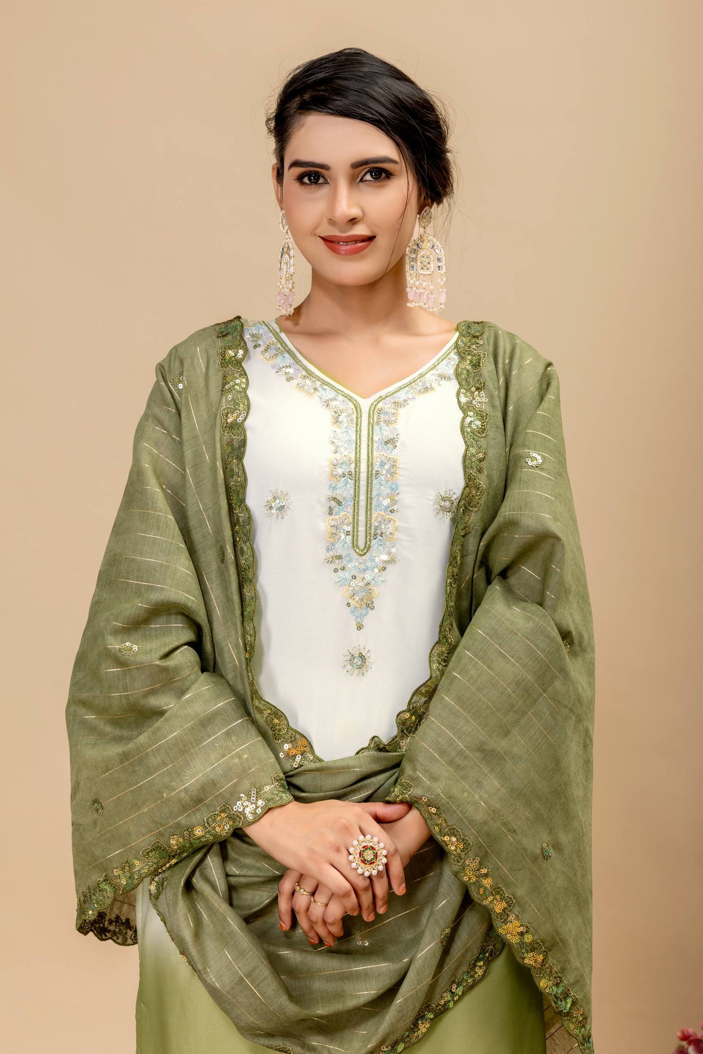 3 PIECES KURTI, PLAZZO & DUPATTA WITH ORIGINAL BEADS CUT DANA WORK