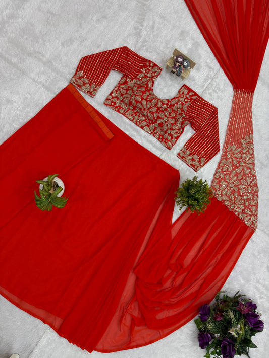READY TO WEAR SAREE WITH FULLY SEMI-BEADS EMBROIDERED STYLIST BLOUSE