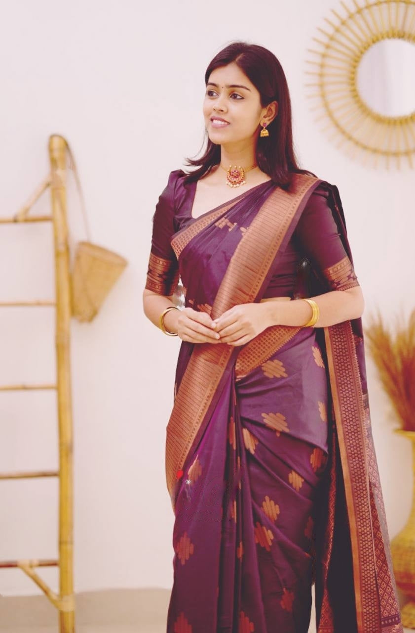 Magenta Banarasi Silk Saree With Royal Copper Border Pattu