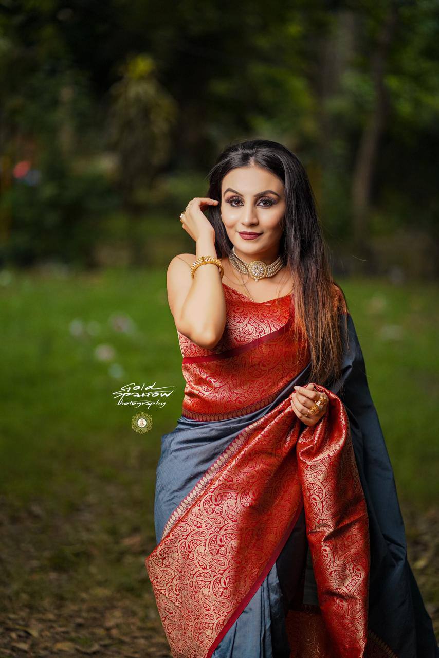 English Grey Pure Banarasi Silk Saree With Royal Golden Border