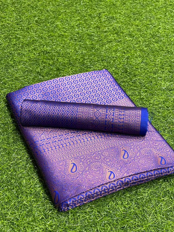 Kanjivaram Silk Saree in Royal Blue Color With Handwoven Copper Zari Weaves