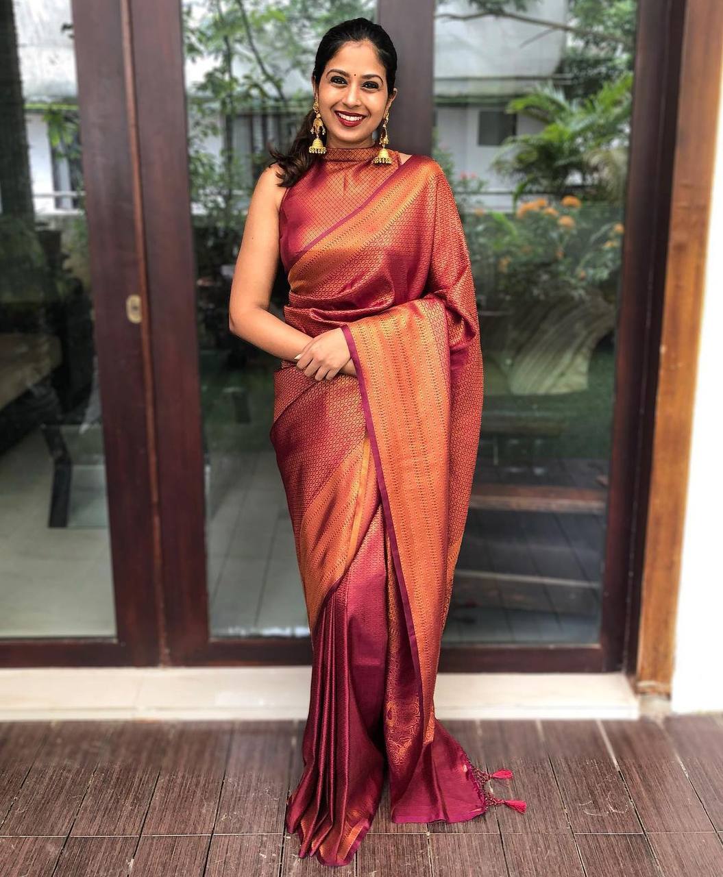 Premium Maroon Kanjivaram Saree With Copper Zari Weaving