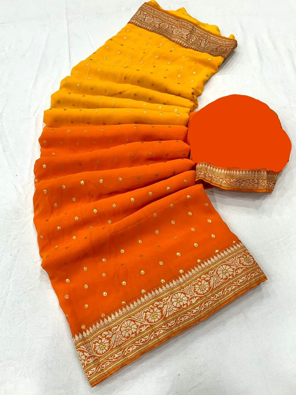 Yellow Georgette All Over Saree In Two Tone Color With Weaving Border