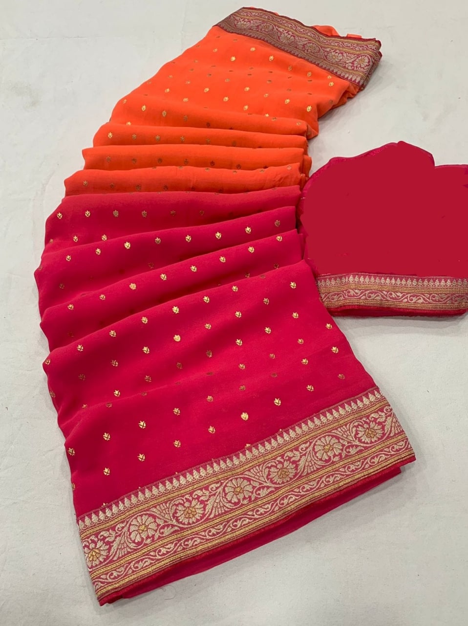 Orange Heavy Georgette All Over Saree In Two Tone Color With Weaving Border