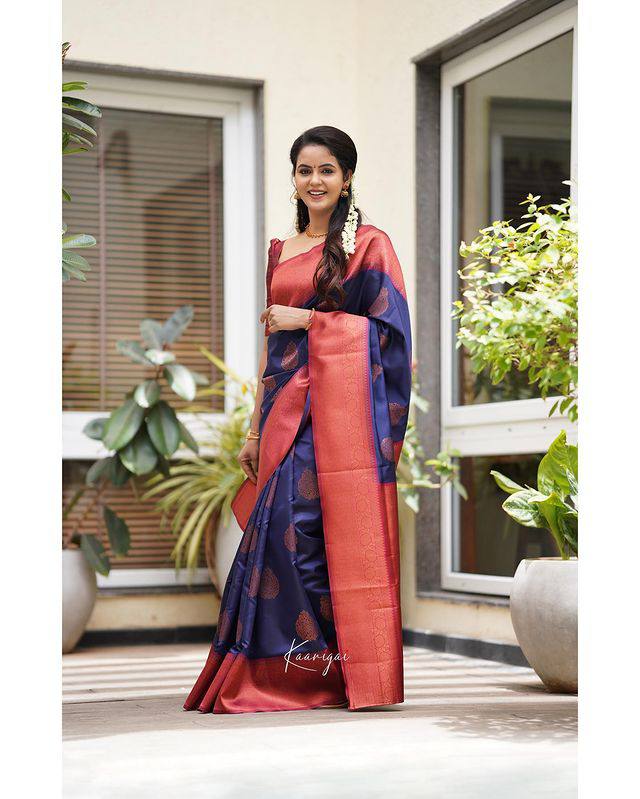 Pure Banarasi Silk Saree In Nevy Blue Color With Royal Border Pattu