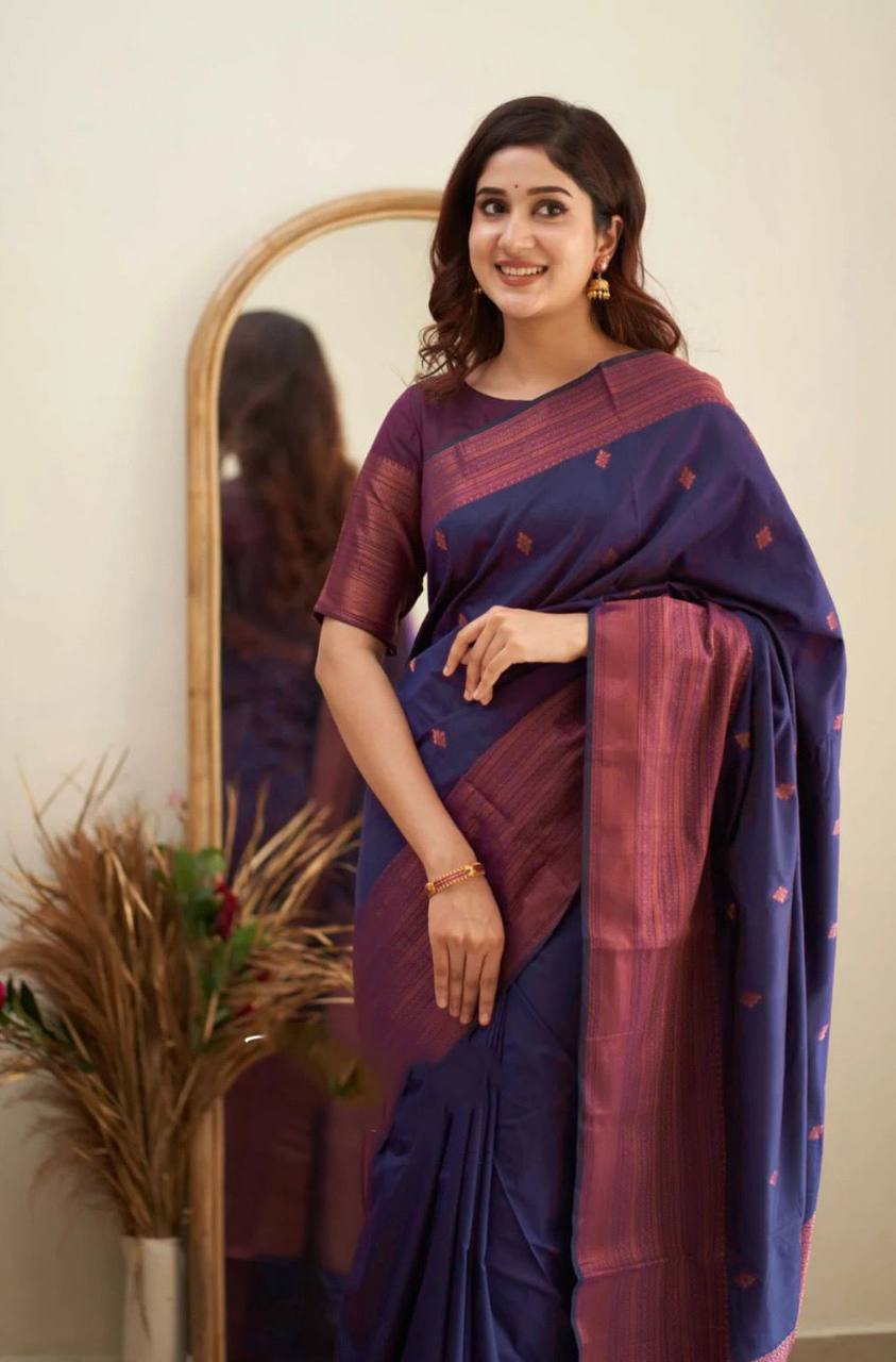 Nevy Blue Banarasi Saree With Royal Copper Zari Border