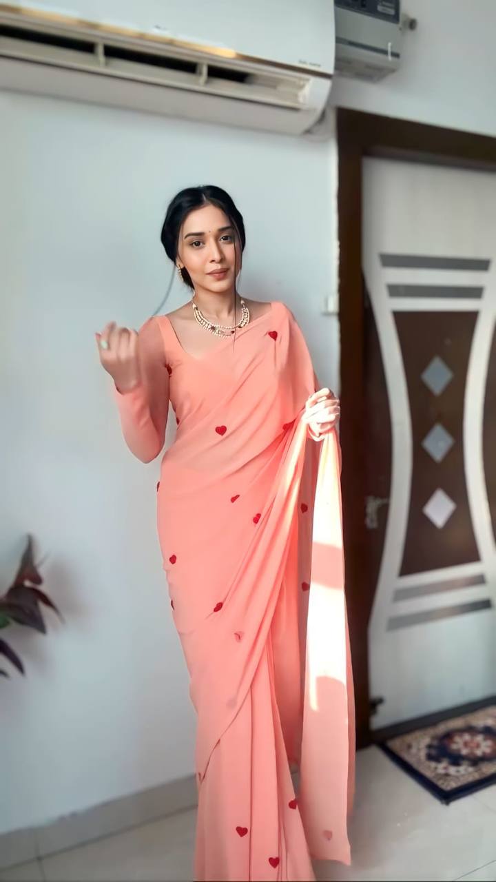 1-MIN READY TO WEAR GEORGETTE EMBROIDERY WORK SAREE WITH UNSTITCH BLOUSE.