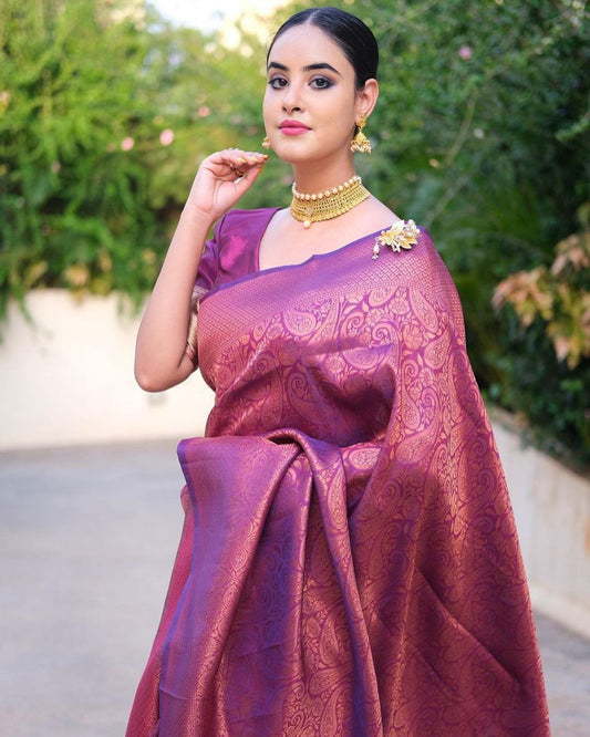 Dark Pink Kanjivaram Saree With Copper Zari Weaving With Blouse