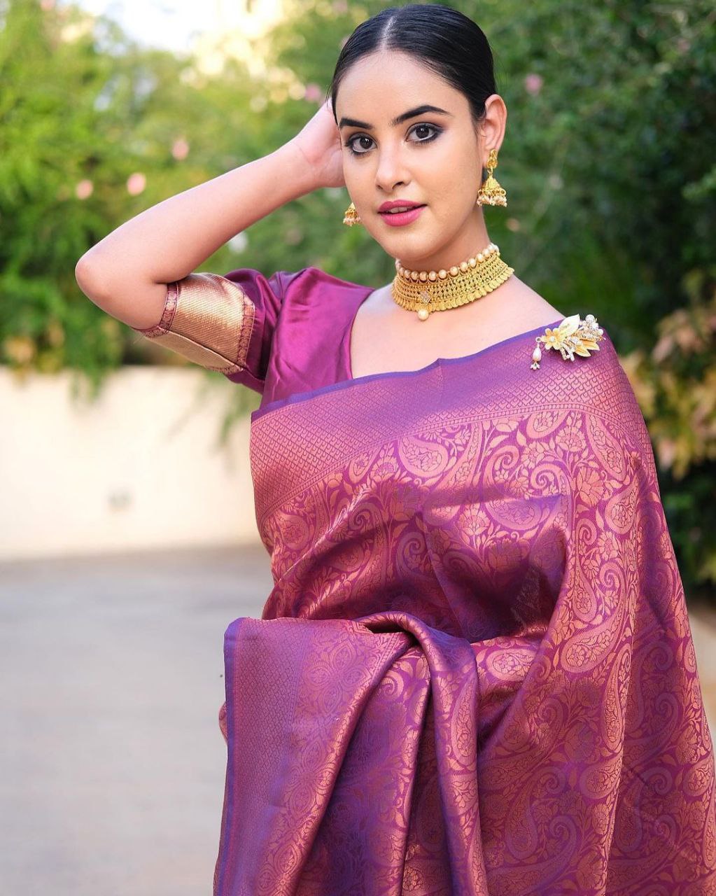 Dark Pink Kanjivaram Saree With Copper Zari Weaving With Blouse