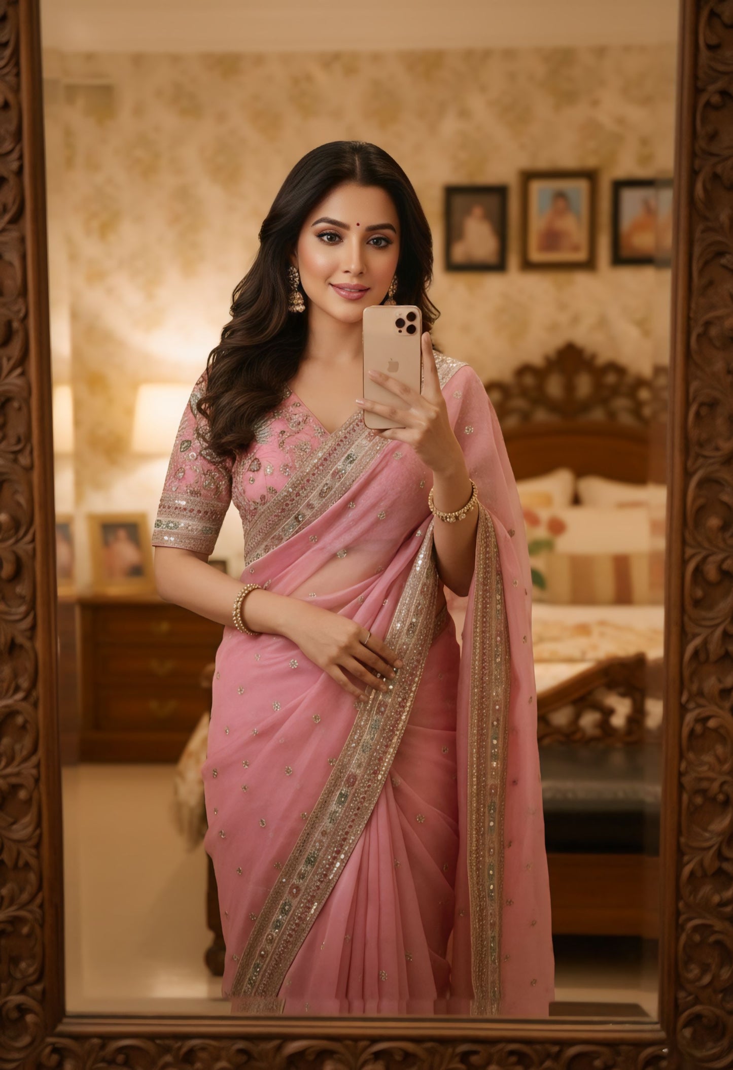 BlLUSH PINK FLORAL ELEGANCE ORGANZA SAREE