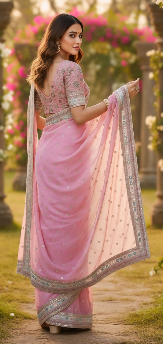 BlLUSH PINK FLORAL ELEGANCE ORGANZA SAREE
