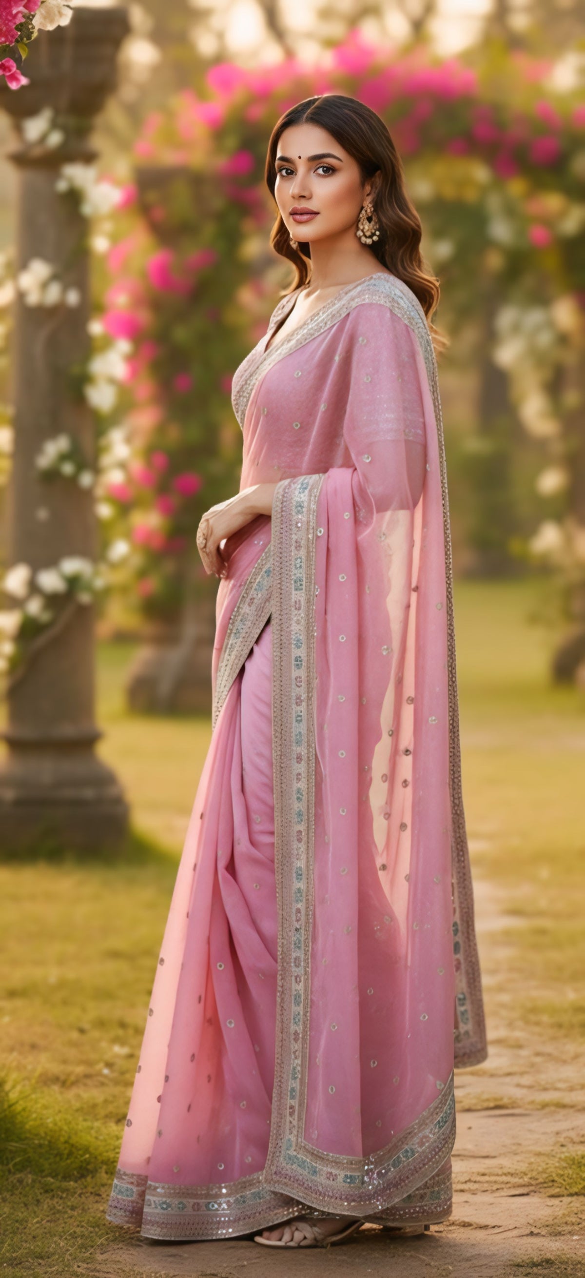 BlLUSH PINK FLORAL ELEGANCE ORGANZA SAREE