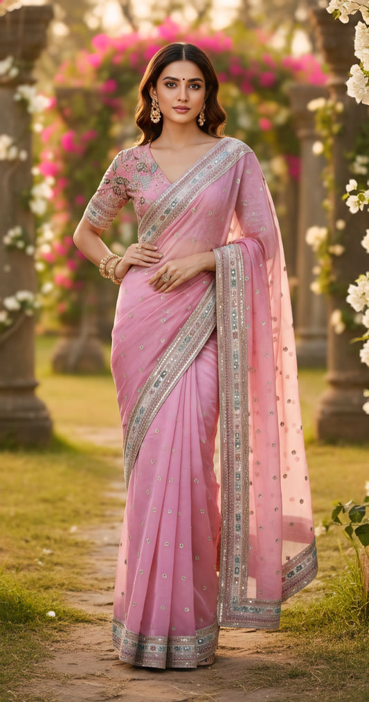 BlLUSH PINK FLORAL ELEGANCE ORGANZA SAREE