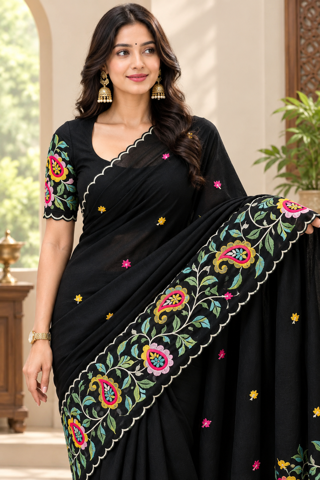 Elegant Embroidered Saree with Floral & Paisley Work and Designer Border