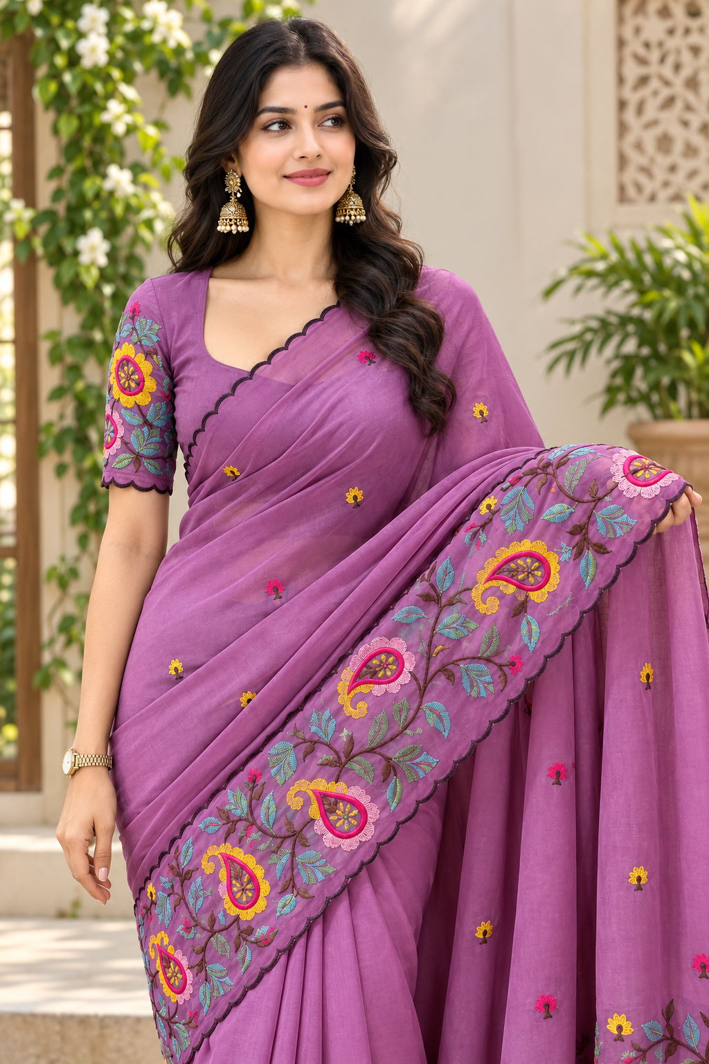 Elegant Embroidered Saree with Floral & Paisley Work and Designer Border