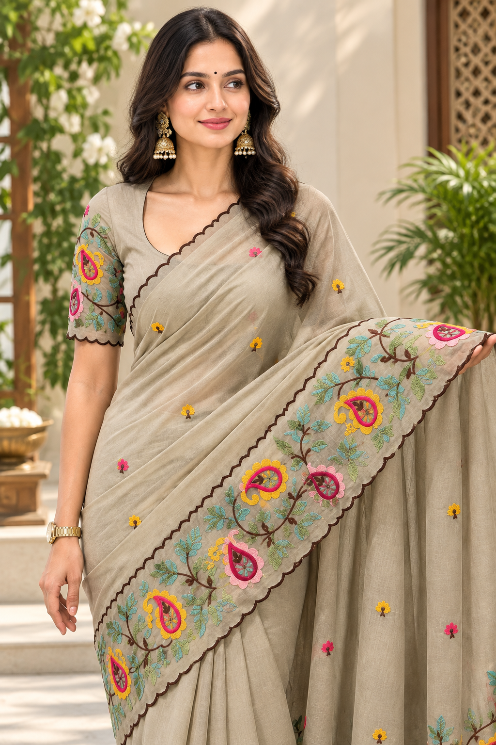 Elegant Embroidered Saree with Floral & Paisley Work and Designer Border