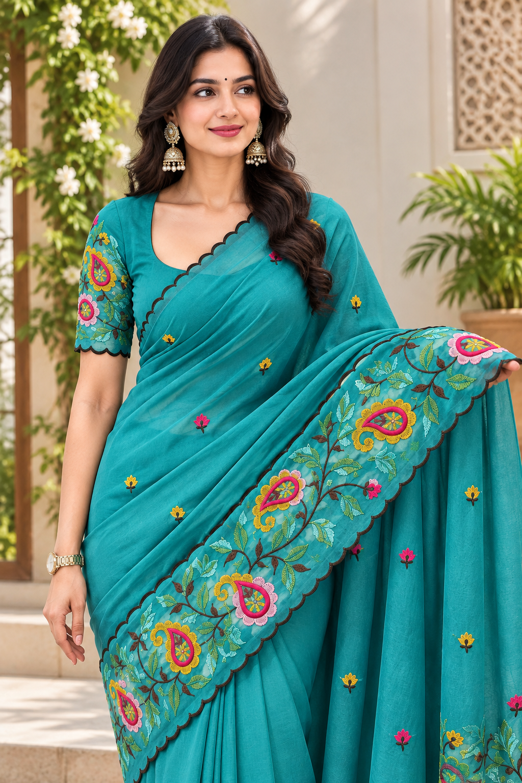 Elegant Embroidered Saree with Floral & Paisley Work and Designer Border