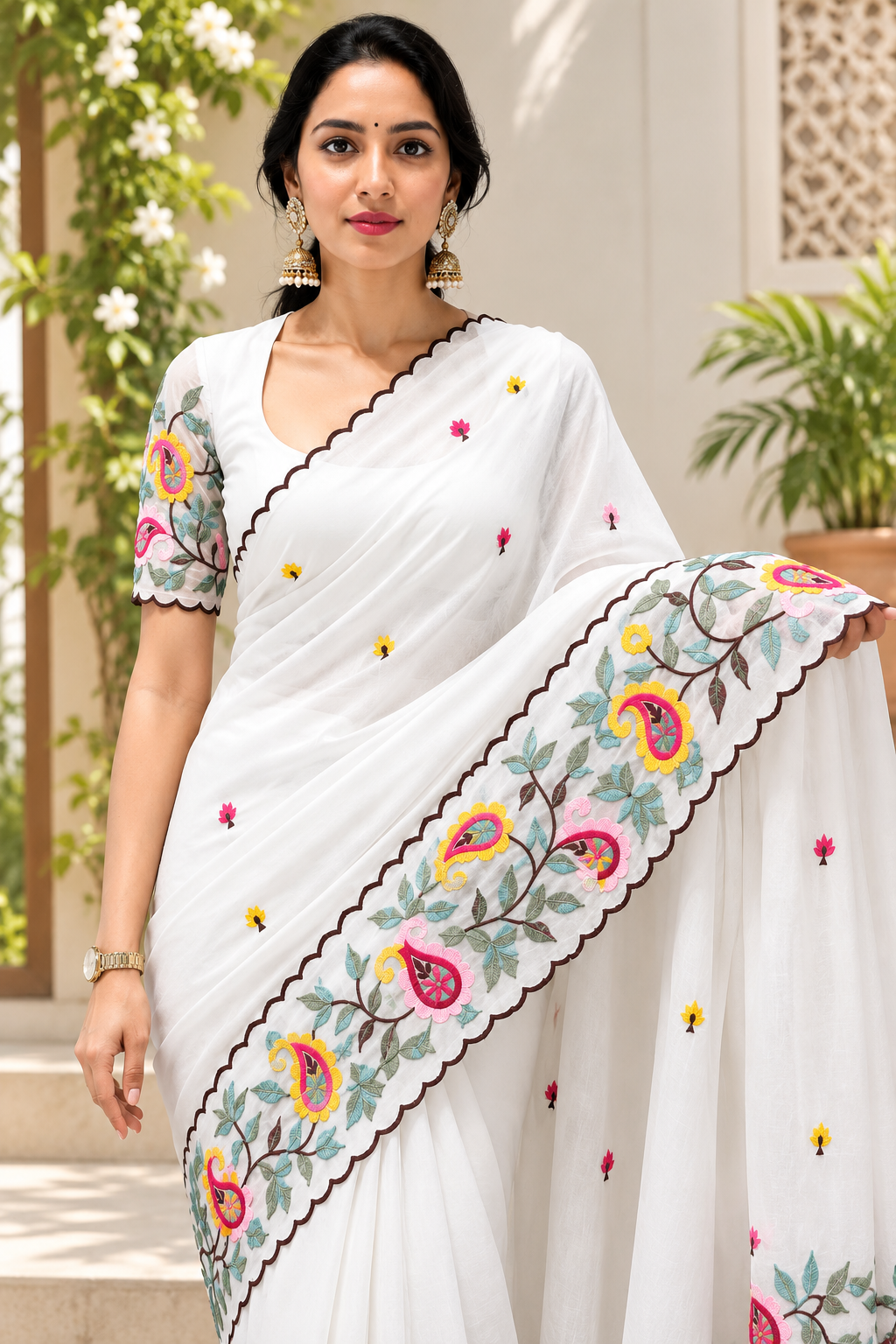 Elegant Embroidered Saree with Floral & Paisley Work and Designer Border