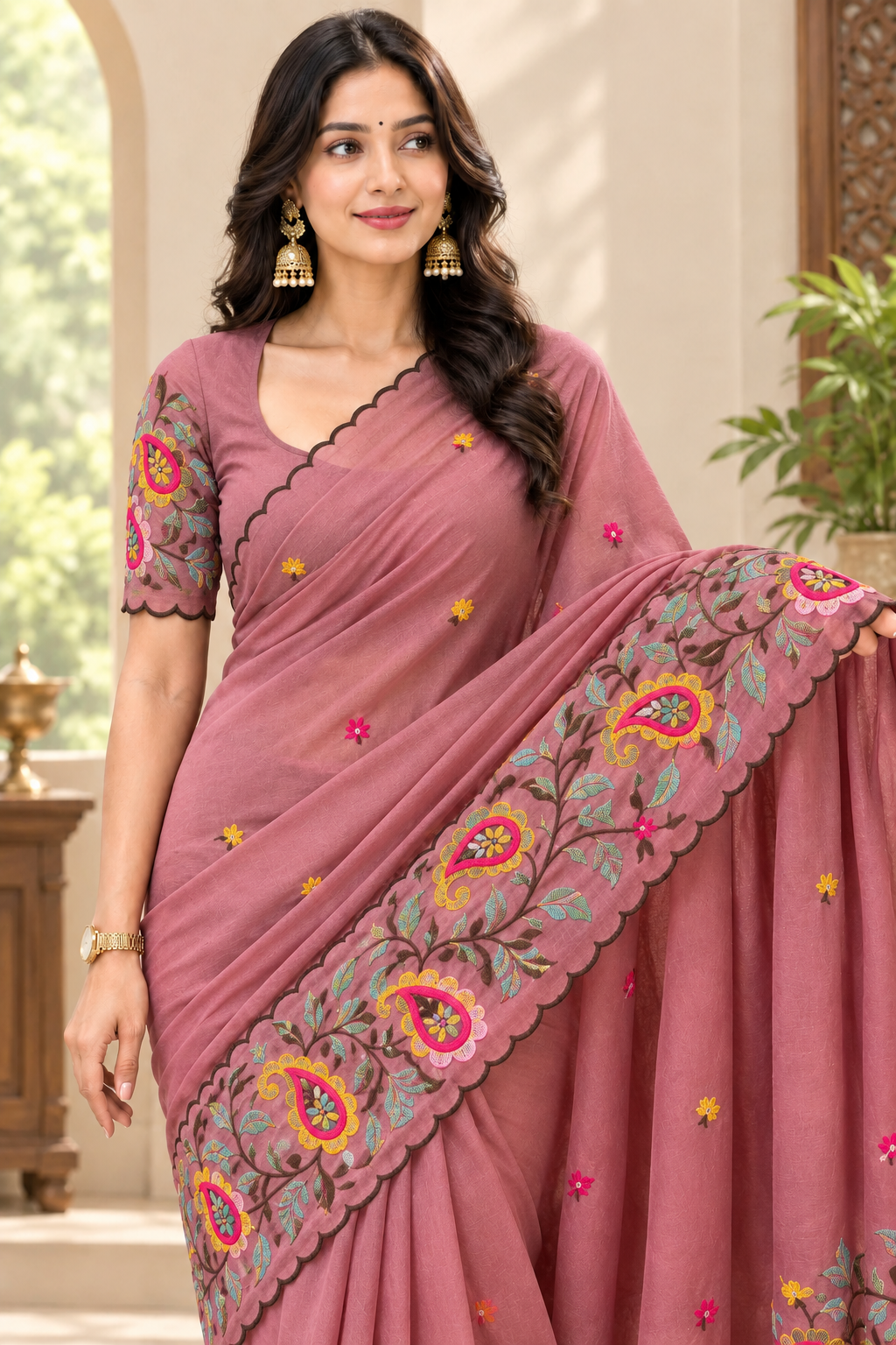 Elegant Embroidered Saree with Floral & Paisley Work and Designer Border