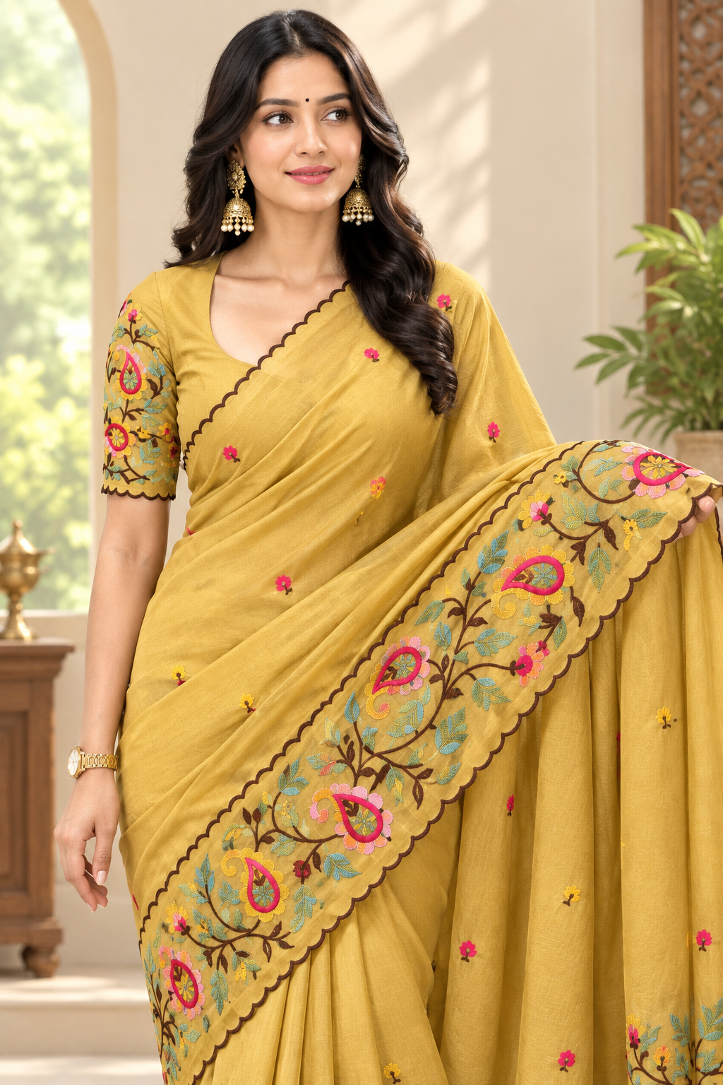Elegant Embroidered Saree with Floral & Paisley Work and Designer Border