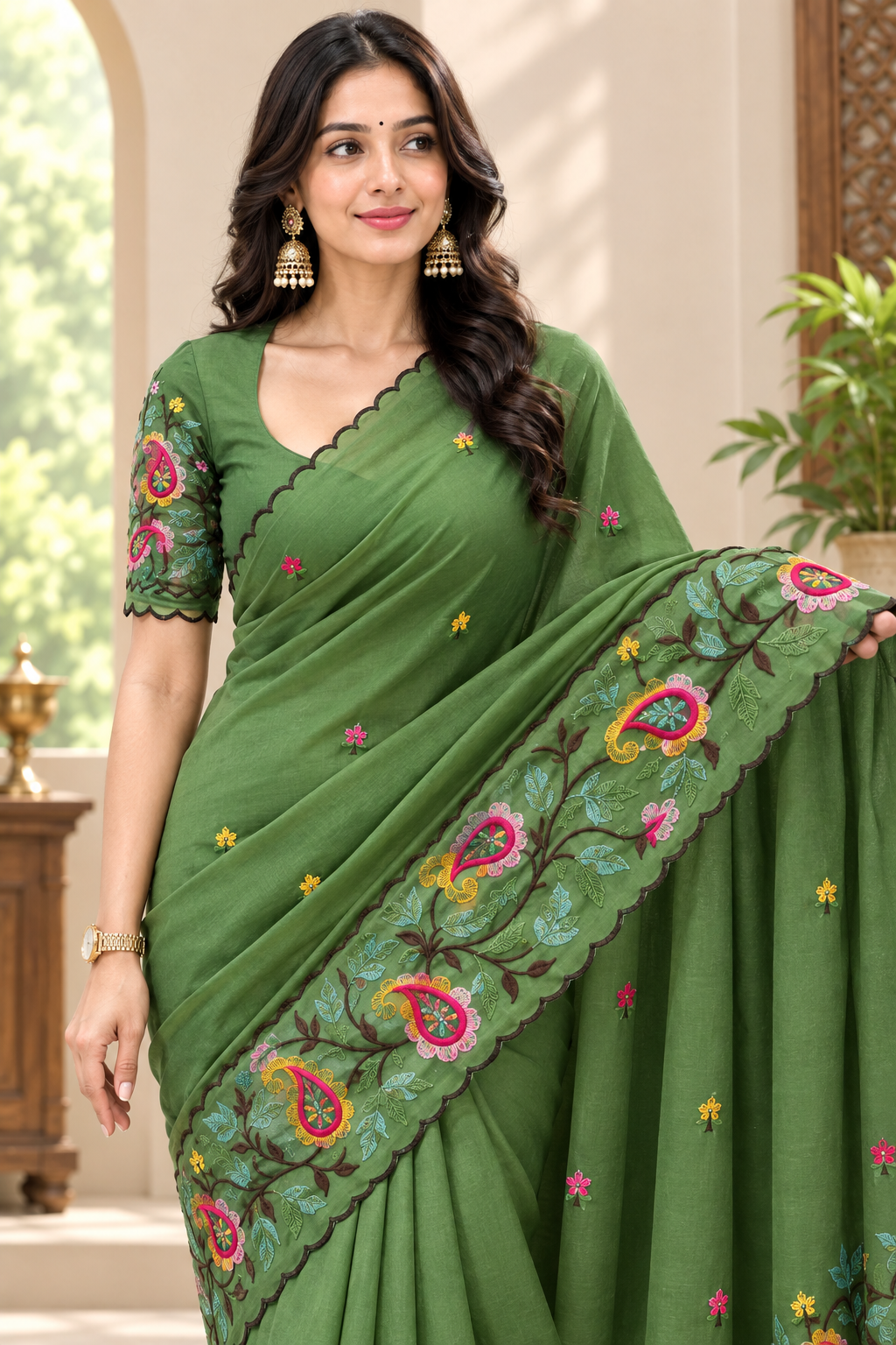 Elegant Embroidered Saree with Floral & Paisley Work and Designer Border