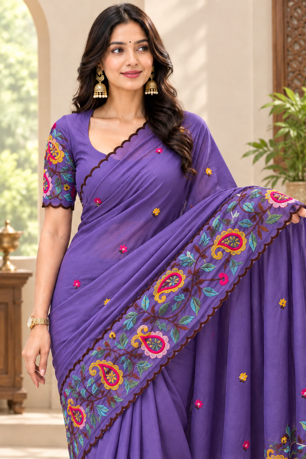 Elegant Embroidered Saree with Floral & Paisley Work and Designer Border
