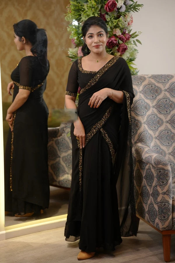 GOWN SAREE  1-MIN READY TO WEAR BLACKEMIUM FAUX GEORGETTE WITH EMBROIDERY LACE