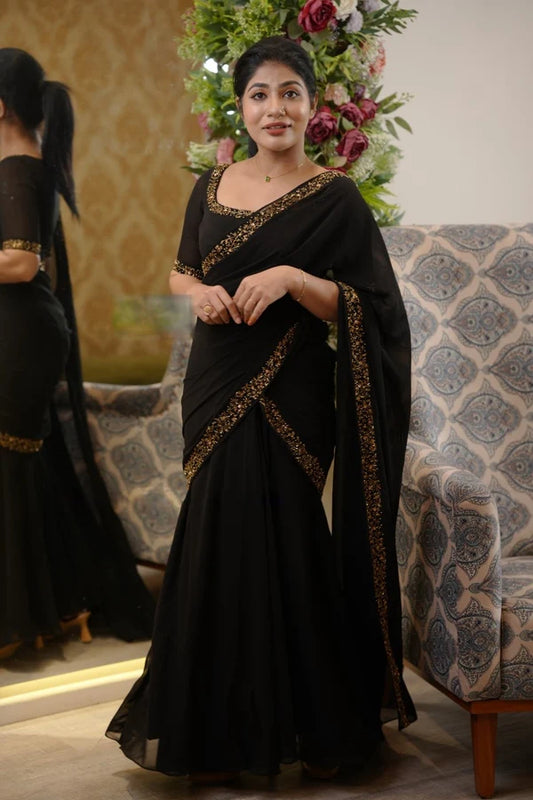 GOWN SAREE  1-MIN READY TO WEAR BLACKEMIUM FAUX GEORGETTE WITH EMBROIDERY LACE