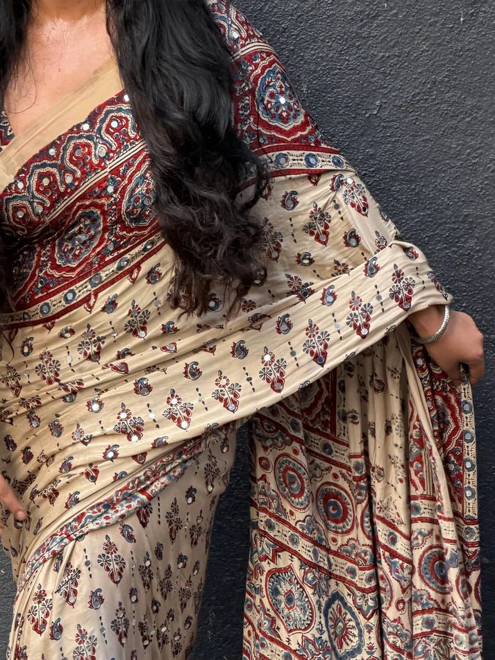 VINTAGE-INSPIRED MODAL SILK SAREE WITH REAL MIRROR