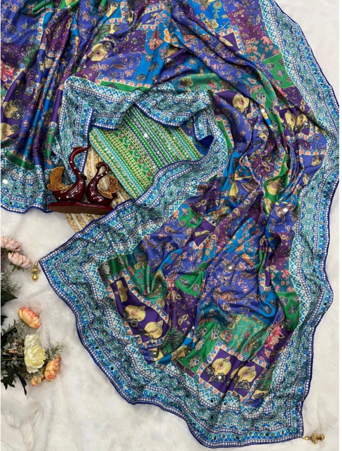 BLUE SOFT CHINNON SAREE WITH GOLD ZARI & REAL MIRROR WORK