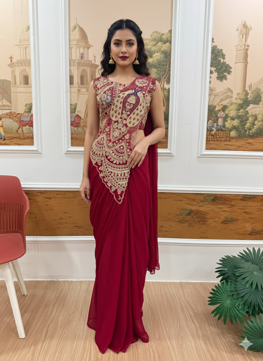 TRENDING READY TO WEAR SAREE WITH FULLY EMBROIDERED STYLIST BLOUSE