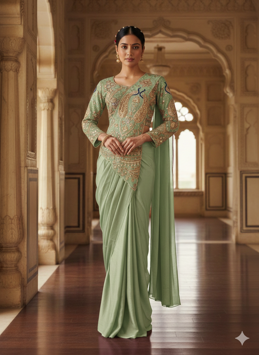 TRENDING READY TO WEAR SAREE WITH FULLY EMBROIDERED STYLIST BLOUSE