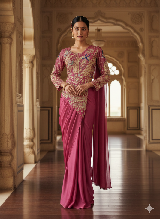 TRENDING READY TO WEAR SAREE WITH FULLY EMBROIDERED STYLIST BLOUSE