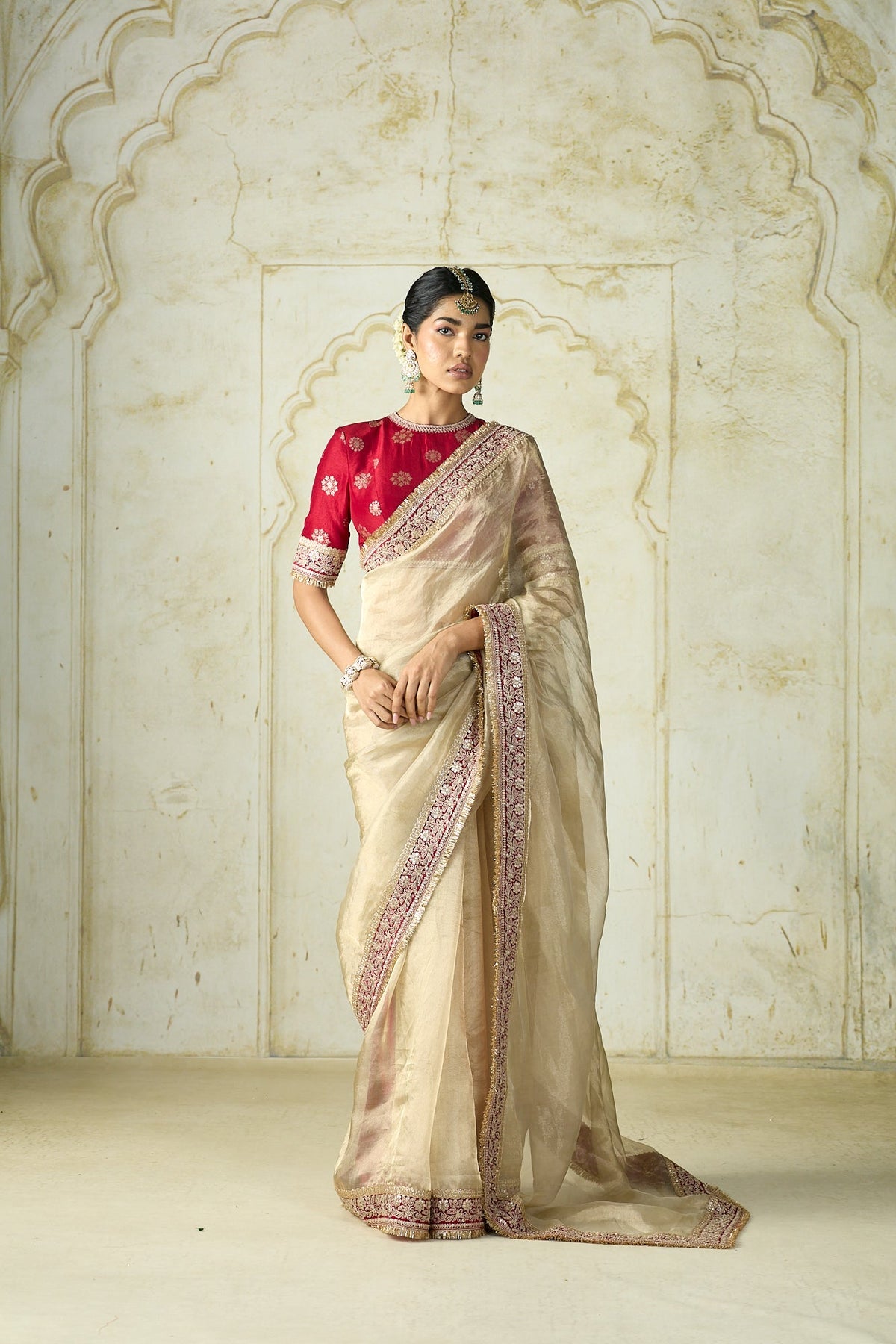DESIGNER TRADITIONAL BEIGE TWEEL NET SILK PARTY WEAR SAREE