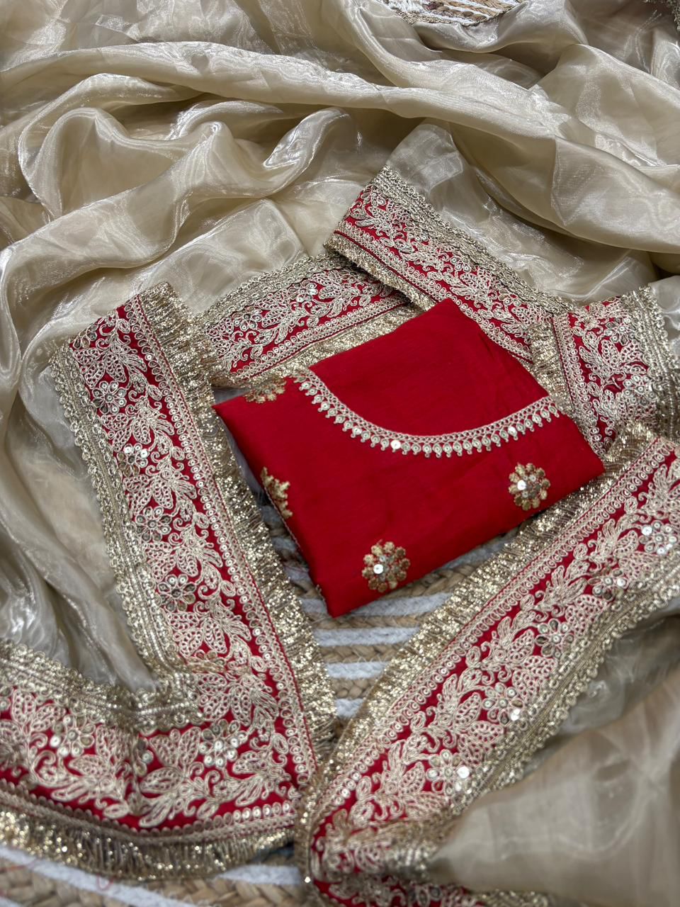 DESIGNER TRADITIONAL BEIGE TWEEL NET SILK PARTY WEAR SAREE